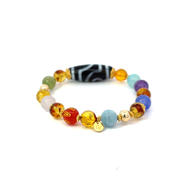 LUCKY AMBER - AMBER, AGATE and TIBETAN DZY MIX STONE BRACELET