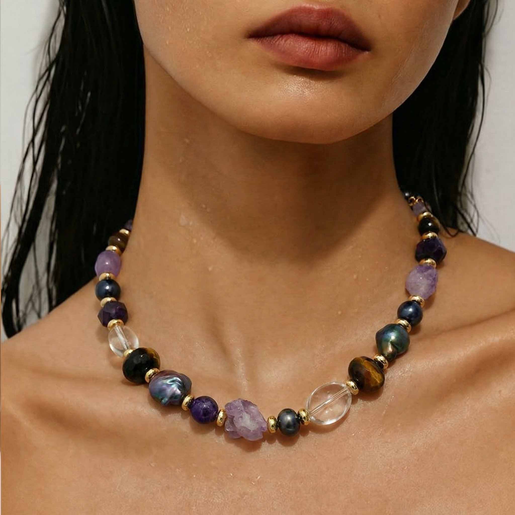 "Sweet Princess" Fresh Water & Baroque Pearl, Tiger Eye and Gemstones Necklace