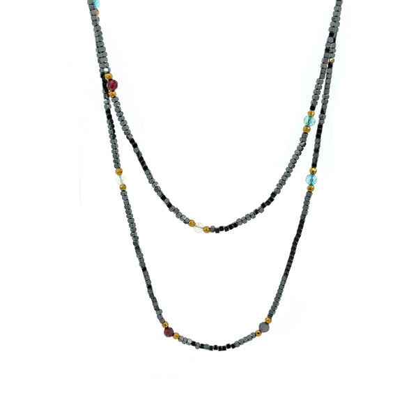 "Twinkle" Black Hematite and Mixed Stones Long Necklace