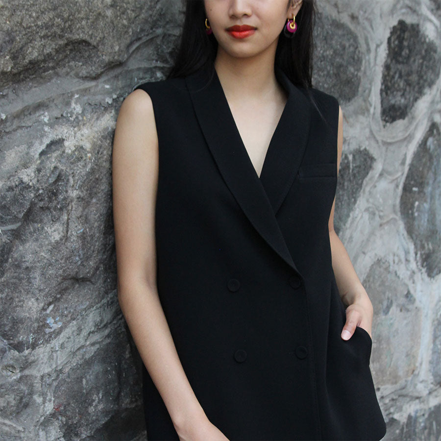 "Lauren" Acetate Long Style Vest / Black