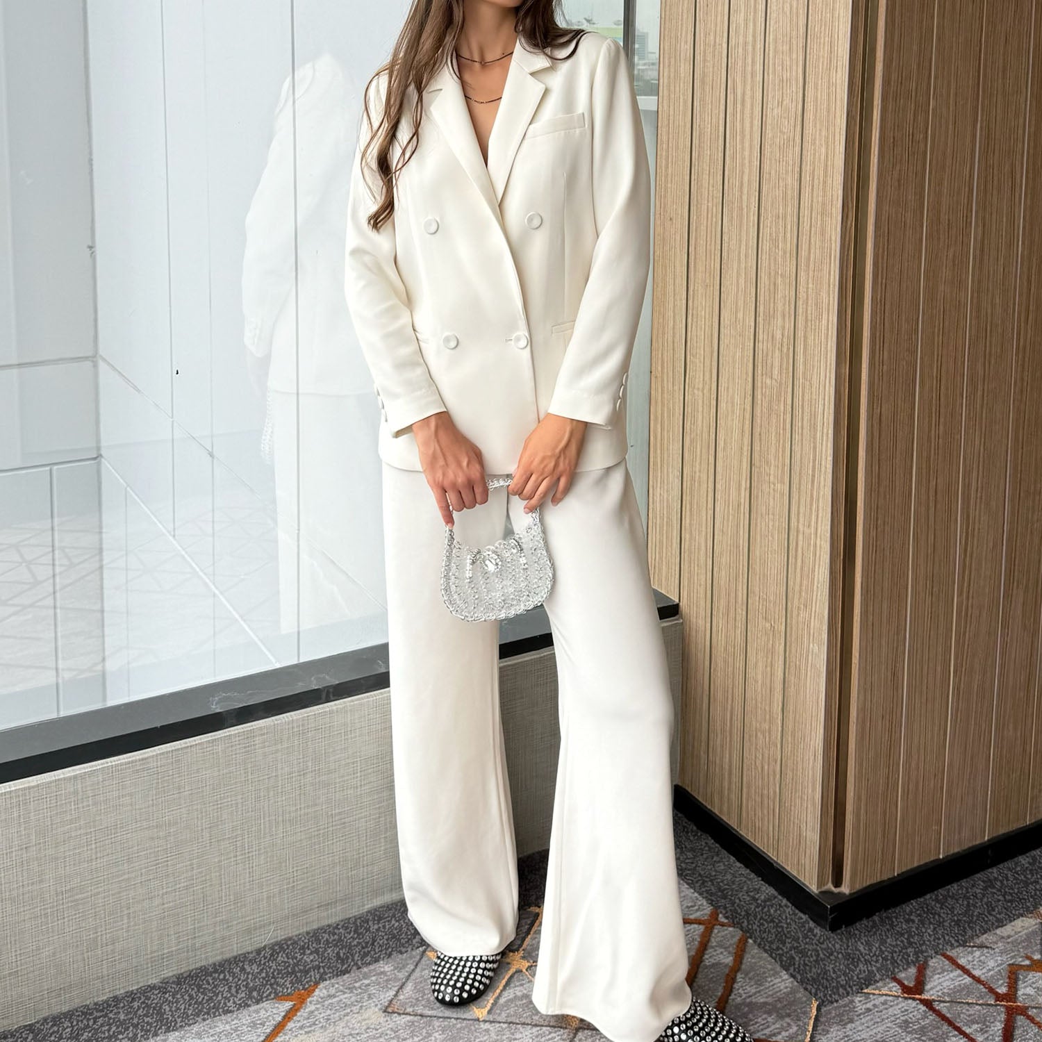 "Lauren" Acetate Pull-Up Style Wide Pants / Creamy