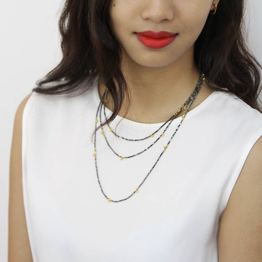 "Esther" Hematite and Round Beads Ultra Long Necklace