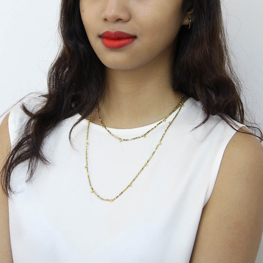 "Twinkle" Gold Hematite and Gold Round Beads Long Necklace