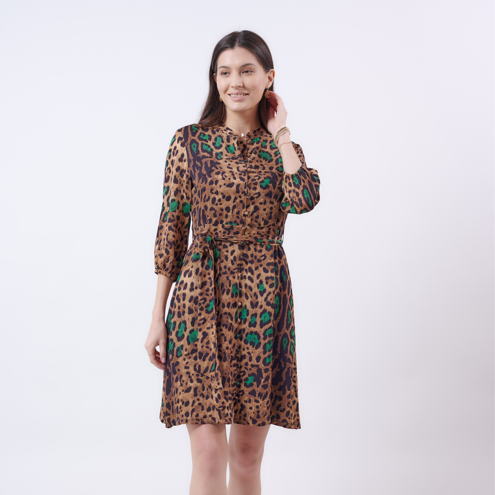 “Shelby” Leopard print button up silk dress