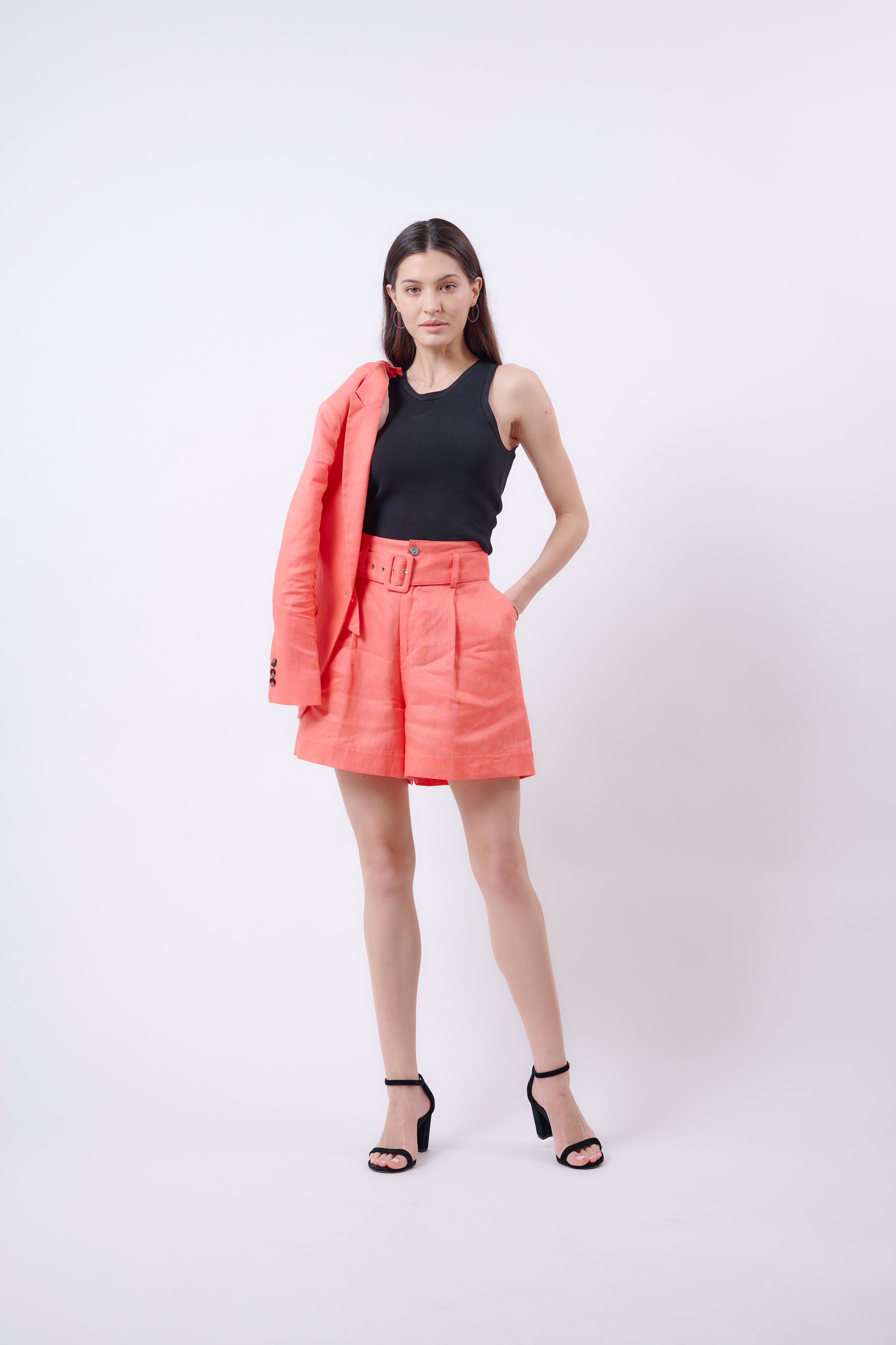 Trendy Coral Linen Shorts by Gosia Orlowska