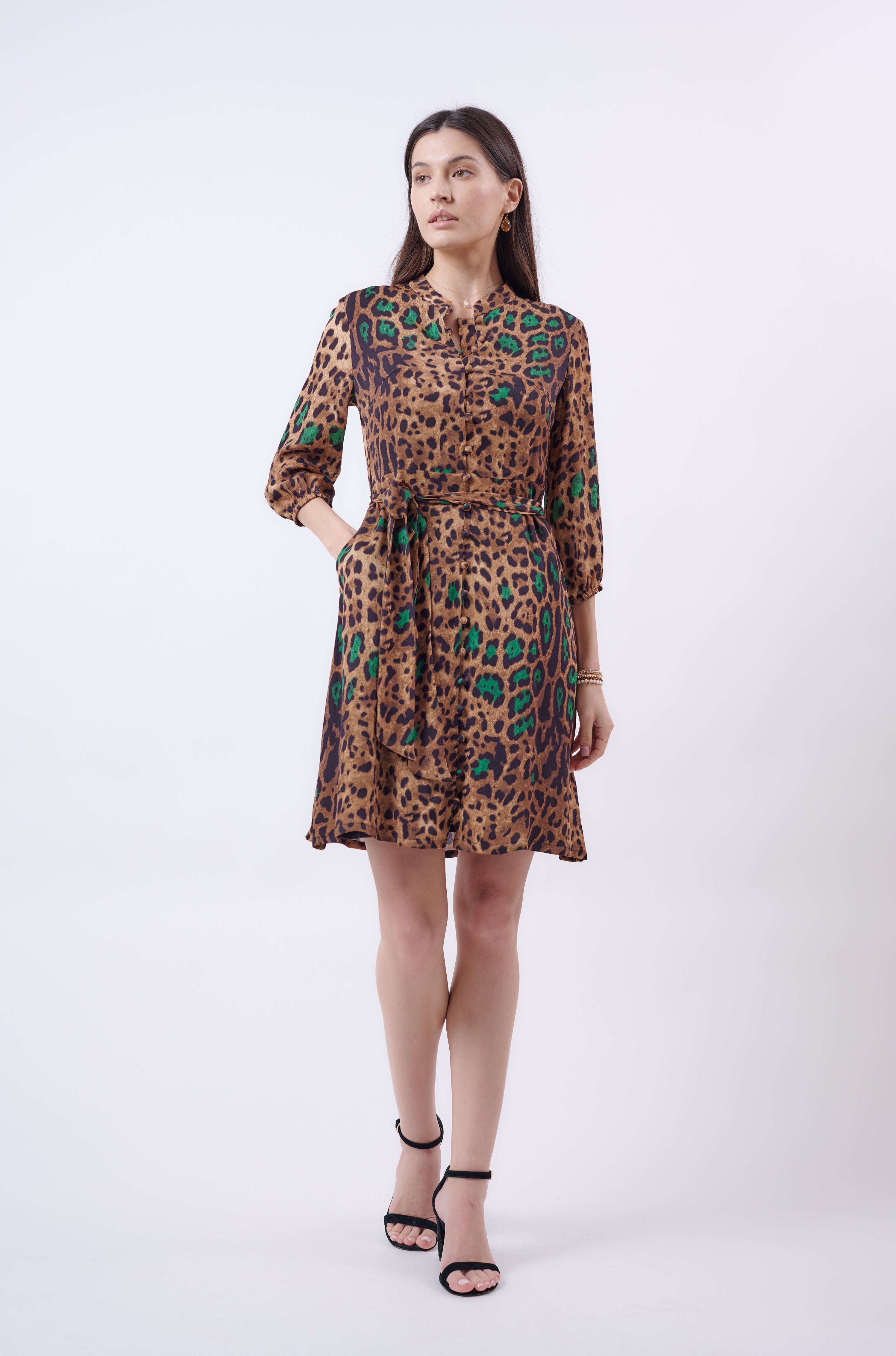 “Shelby” Leopard print button up silk dress