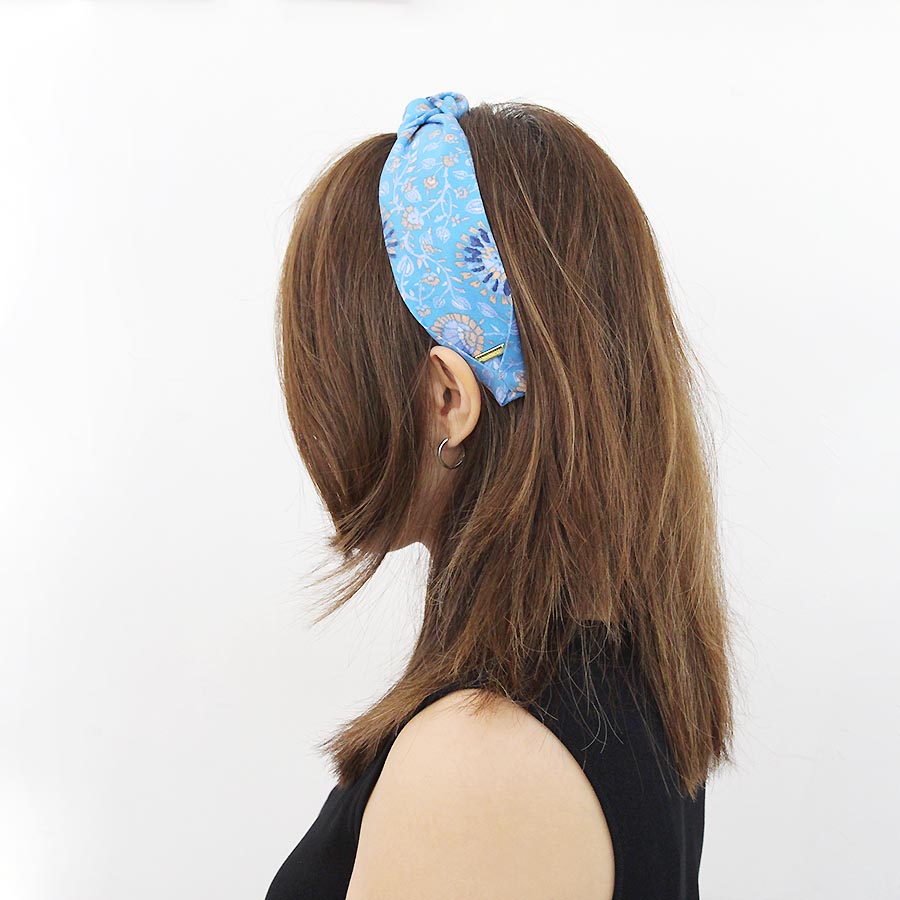 “Poppy” Sky Blue & Plant Print Knot Style Silk Headband