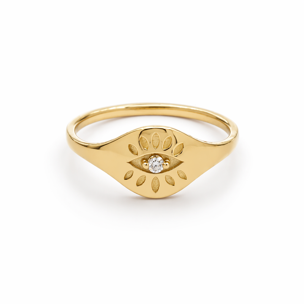 9k GOLD  EVIL EYE DIAMOND SIGNET RING
