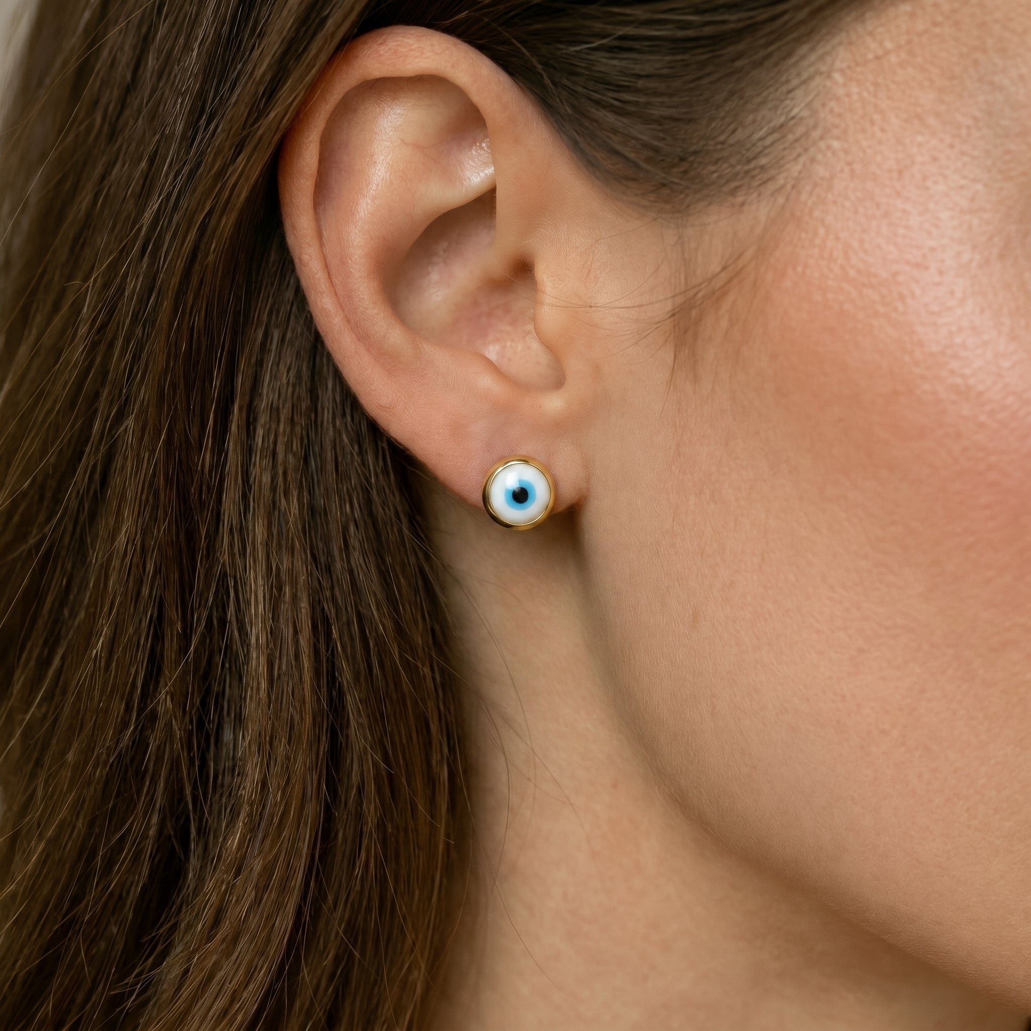 9K GOLD MOTHER OF PEARL EVIL EYE EARRINGS