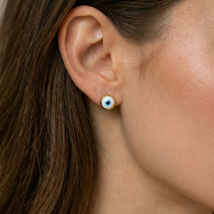 9K GOLD MOTHER OF PEARL EVIL EYE EARRINGS