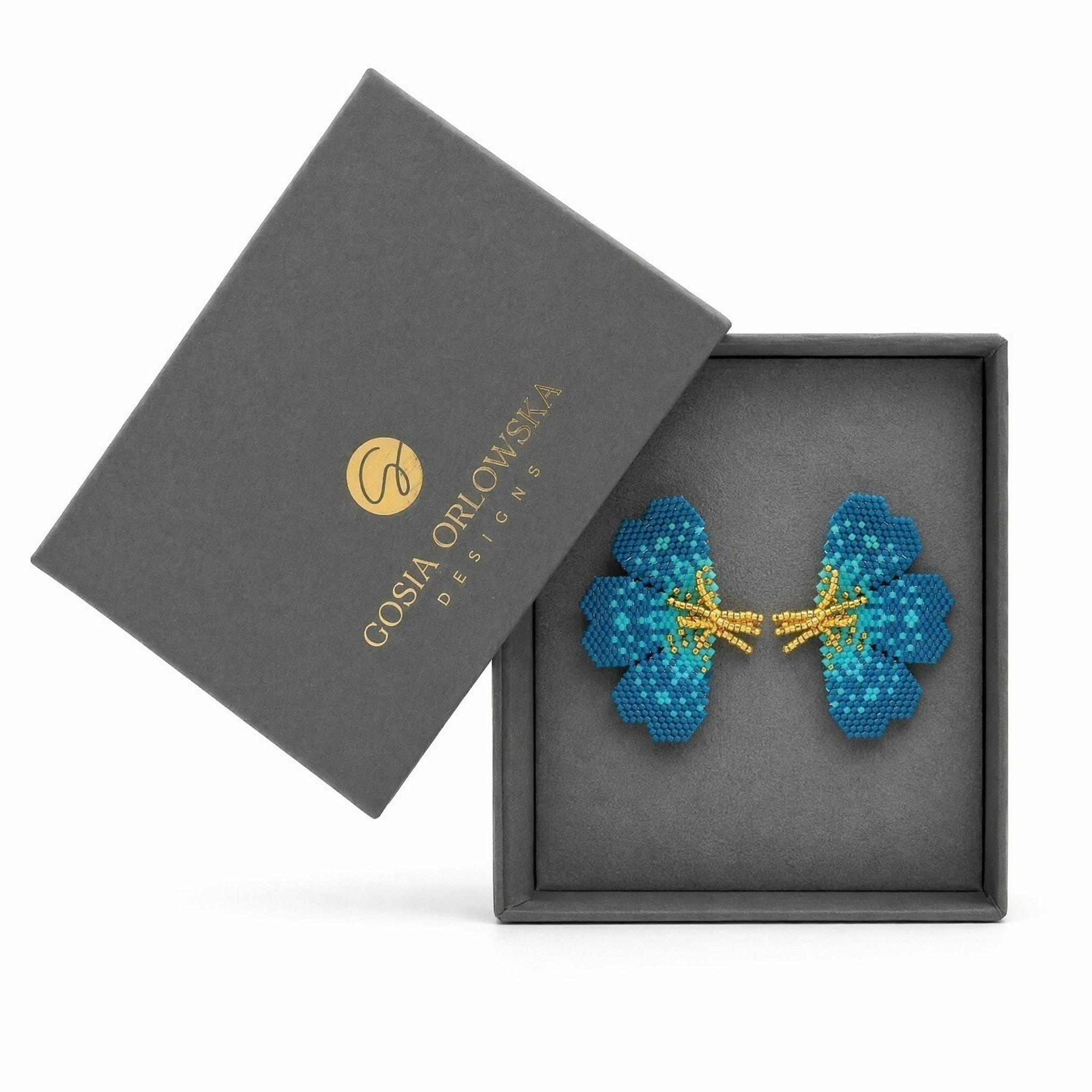 'NOLA" Beaded steel blue butterfly earrings