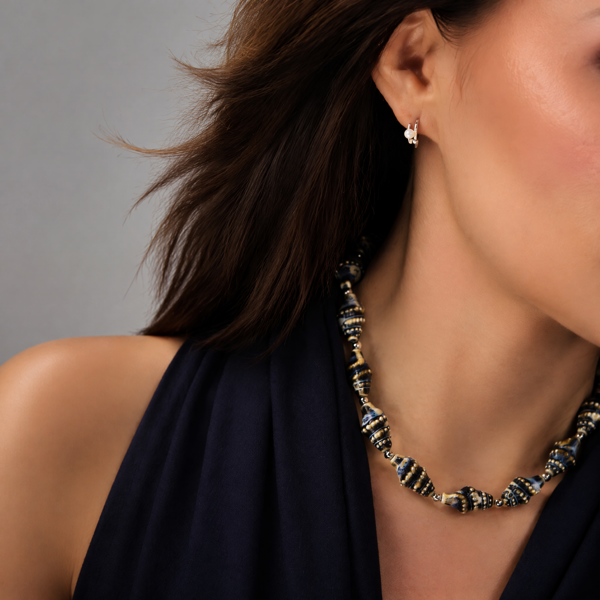 "Thalassa" Ceramic Seashell Silver Beaded Choker