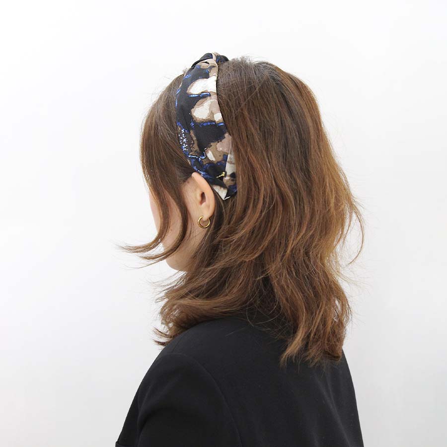 “Mosaic” Beige Brown & Blue Knot Style Silk Hairband