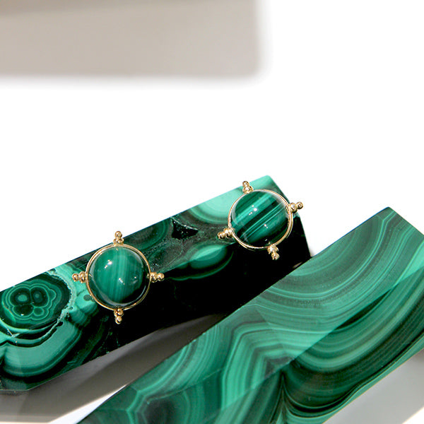 9K GOLD ROUND MALACHITE EARRINGS