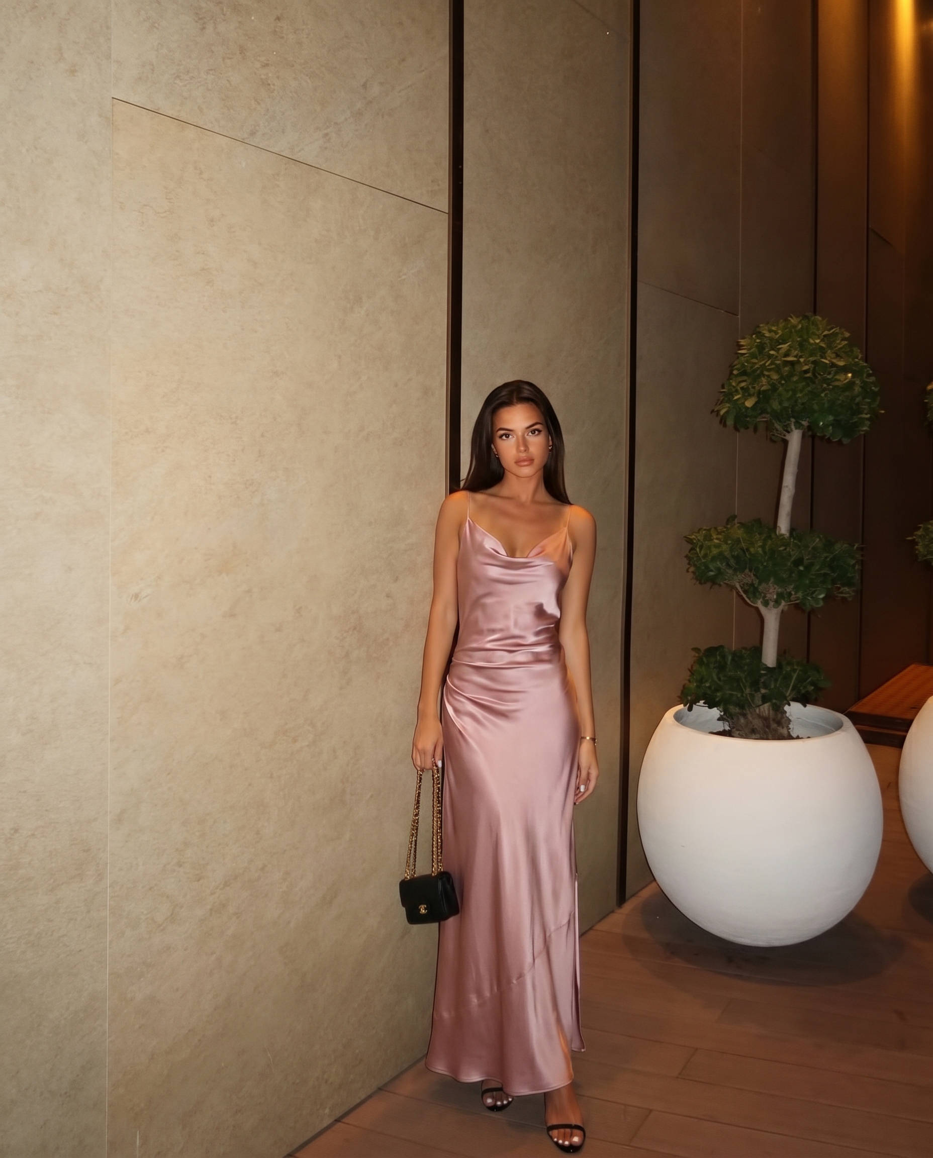 "ANIA" TEXTURED ACETATE LONG DRESS - Ash Pink