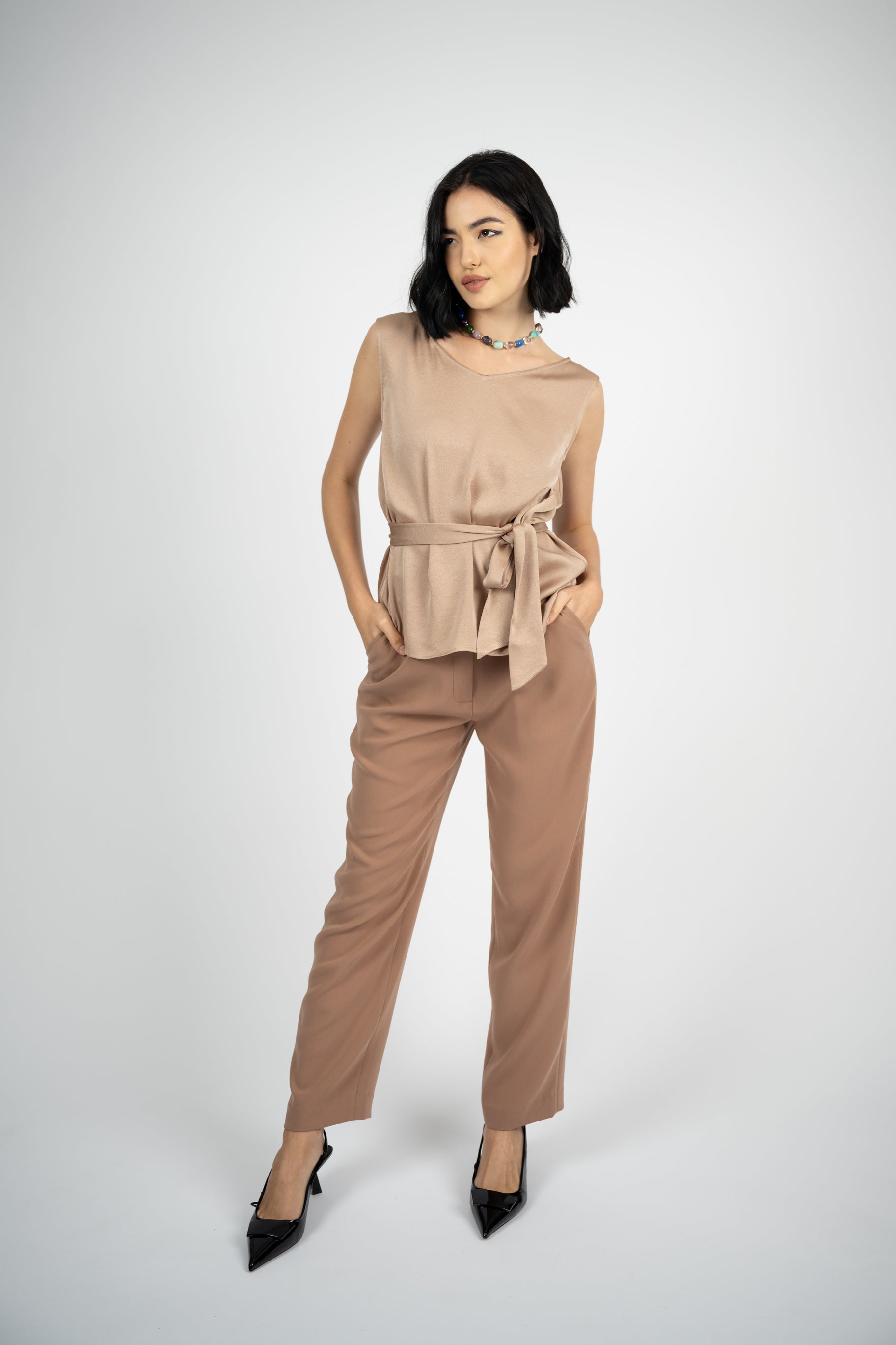 Amelia Acetate Sleeveless Blouse in Natural Color