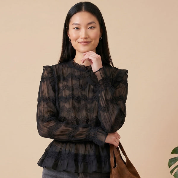 "Onyx black " long sleeve sheer blouse