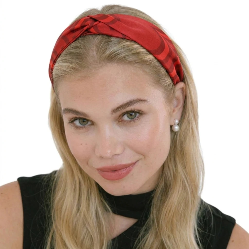 “Chroma-Red” Red Wavy Print Twisted Style Satin Silk Headband