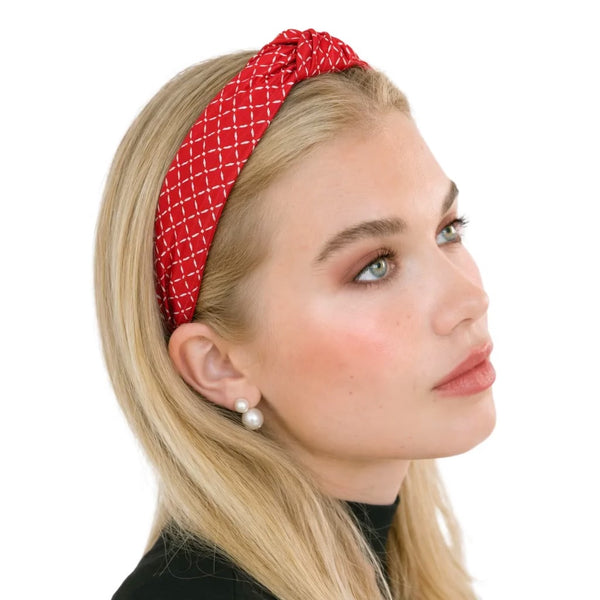 “Ivy” Red Dash-line Knot Style Silk Headband