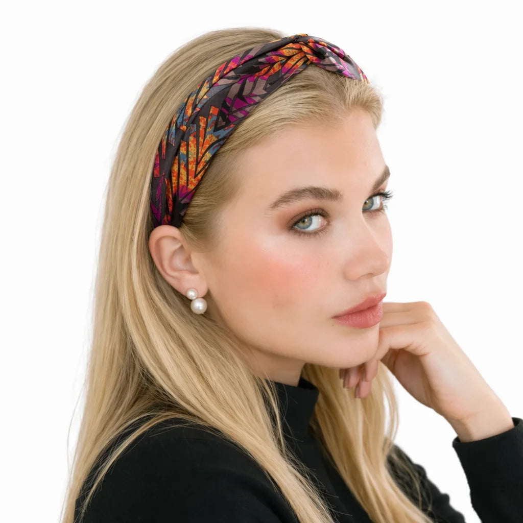 “Fun Autumn” Brown Arrow Print Twisted Style Silk Headband