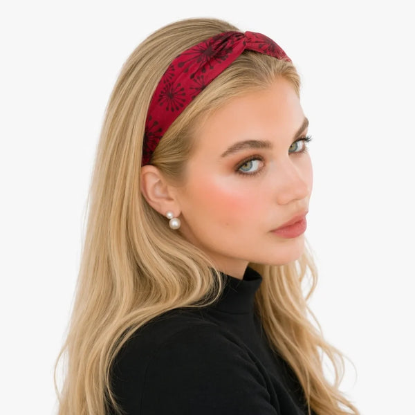 “Adena” Red Dandelion Print Twisted Style Silk Headband