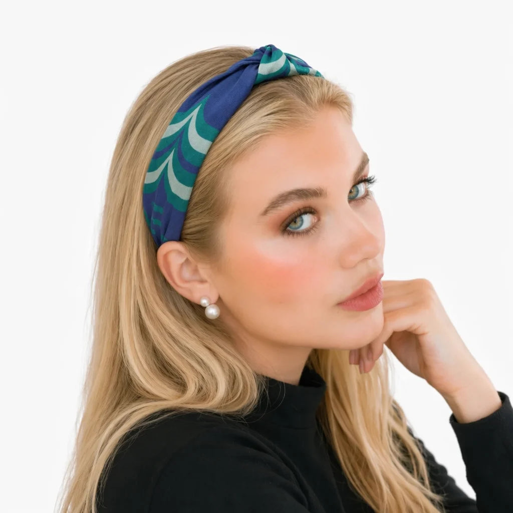 “Chroma-Navy” Tri-Color Wavy Knotted Style Satin Silk Headband