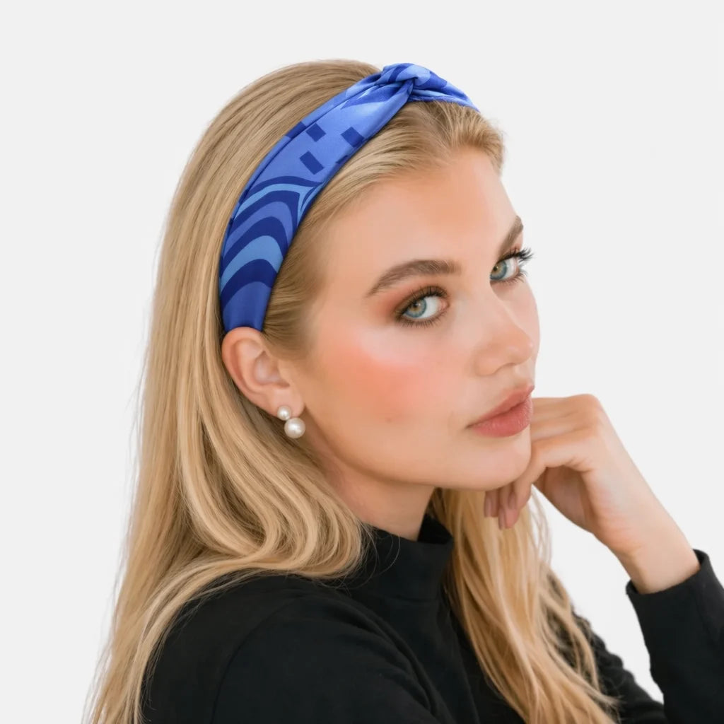 “Chroma-Blue” Blue Wavy Print Twisted Style Satin Silk Headband