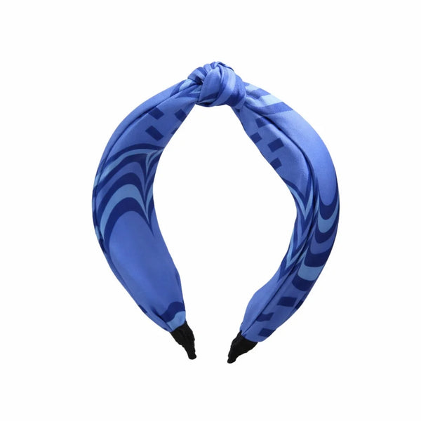 “Chroma-Blue” Blue Wavy Print Knotted Style Satin Silk Headband