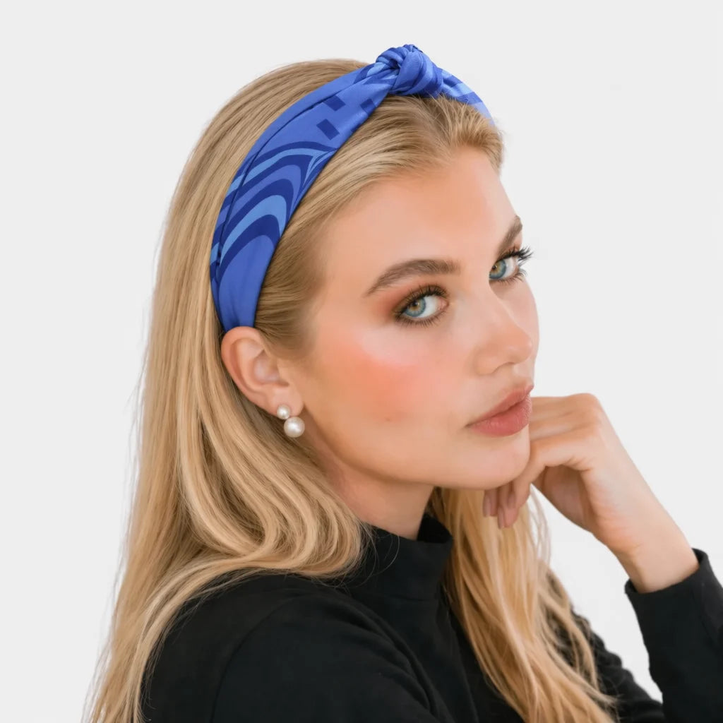 “Chroma-Blue” Blue Wavy Print Knotted Style Satin Silk Headband