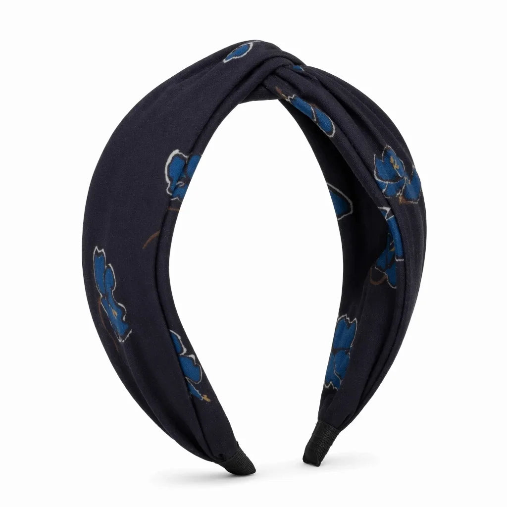 “Blue Iris” Floral Pattern Twisted Style Silk Headband