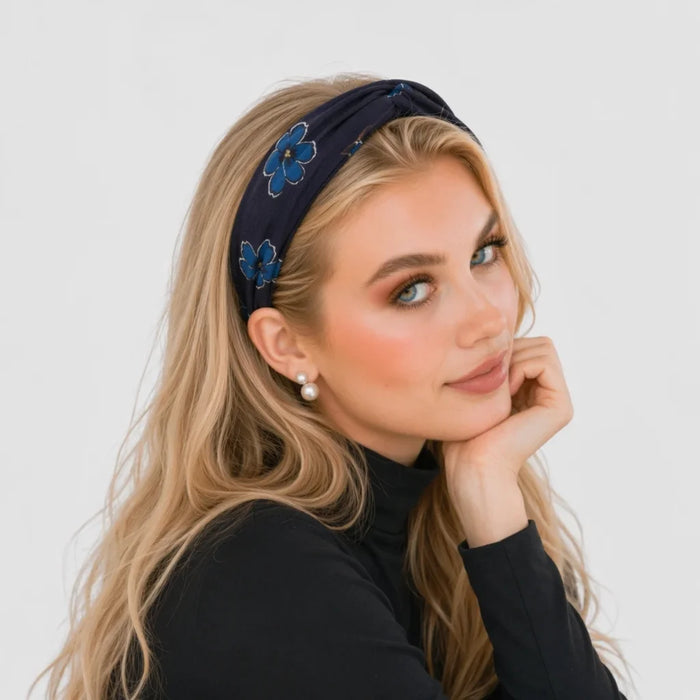 “Blue Iris” Floral Pattern Twisted Style Silk Headband