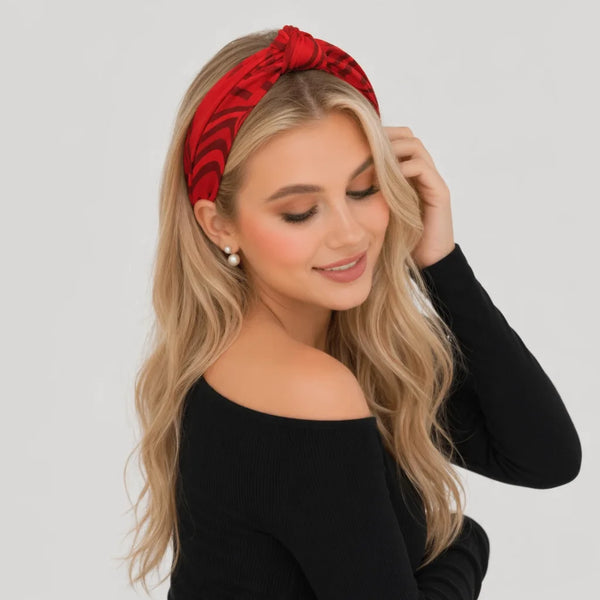 “Chroma-Red” Red Wavy Print Knotted Style Satin Silk Headband