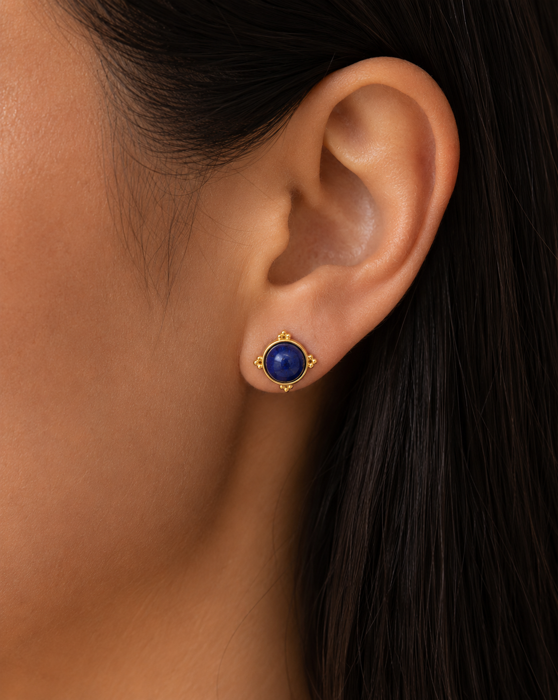 9K GOLD ROUND LAPIS LAZULI EARRINGS