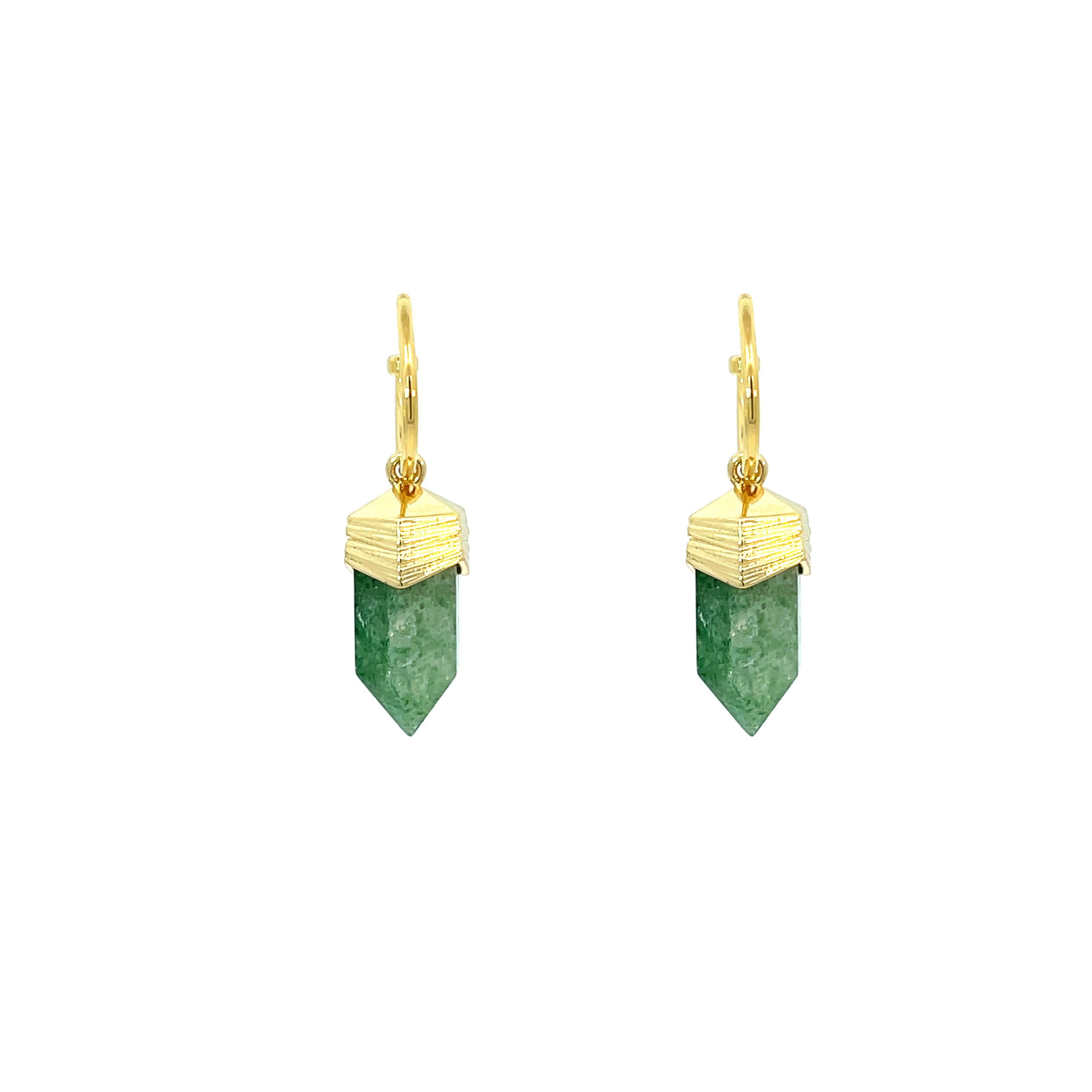 "AMARI" Crystal Hexagonal Pendulum Earrings / Green Moss Agate