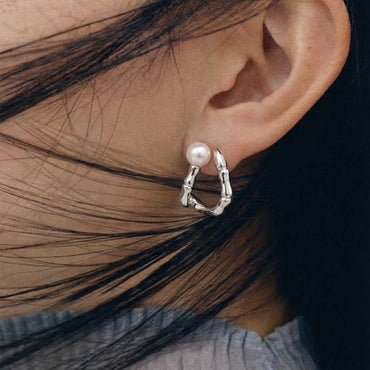 “Pearlie” 925 sterling silver Pearl Bamboo Hoop Earrings