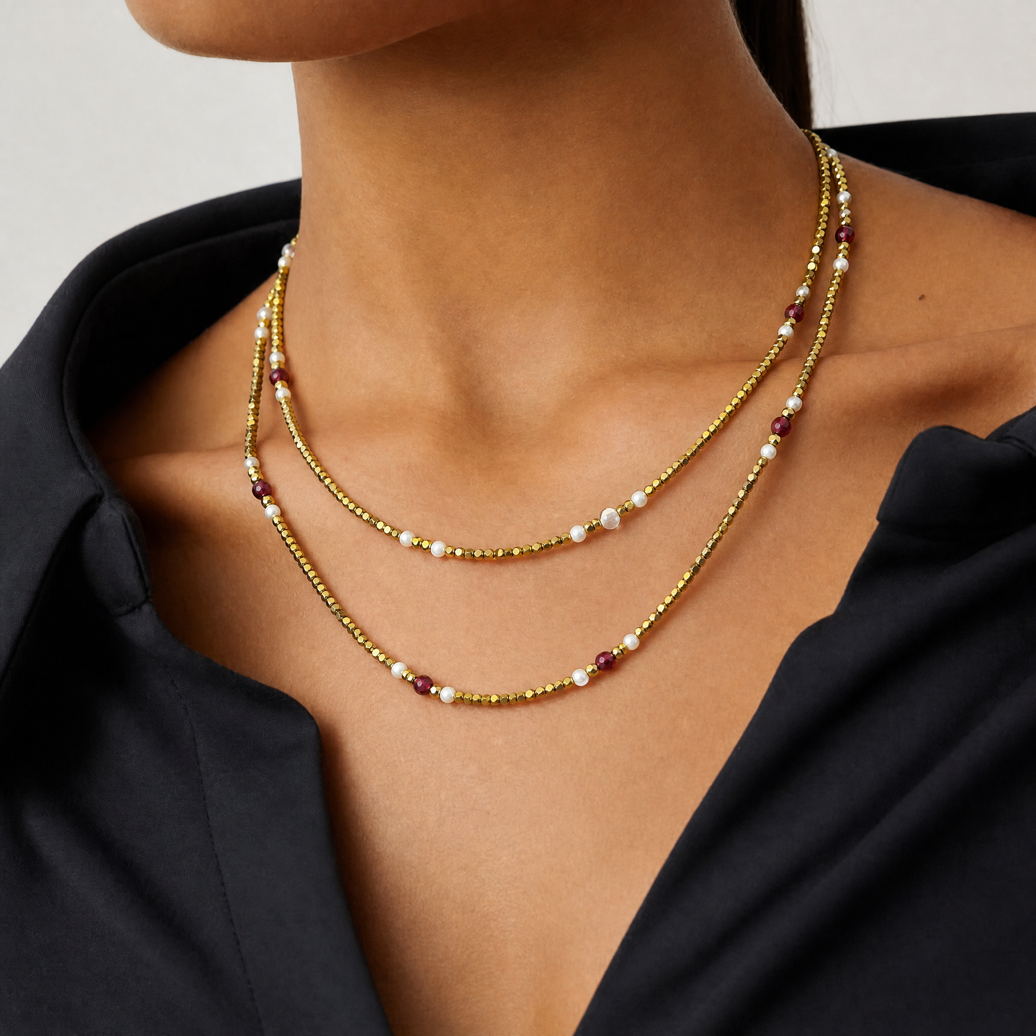 "Twinkle" Gold Hematite and Mixed Stones Long Necklace