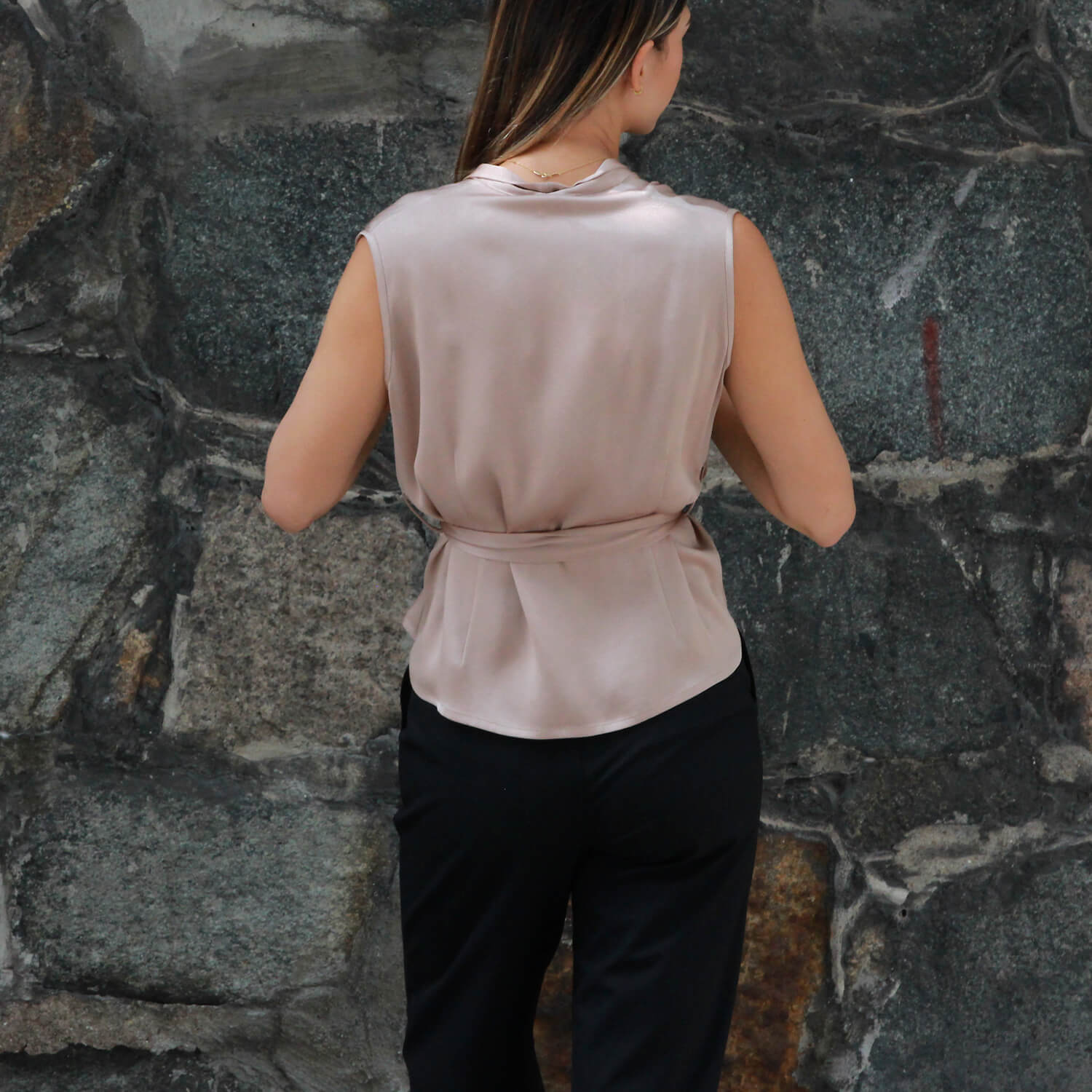 Nadia Acetate V-Neck Blouse: Belted Elegance by Gosia Orlowska