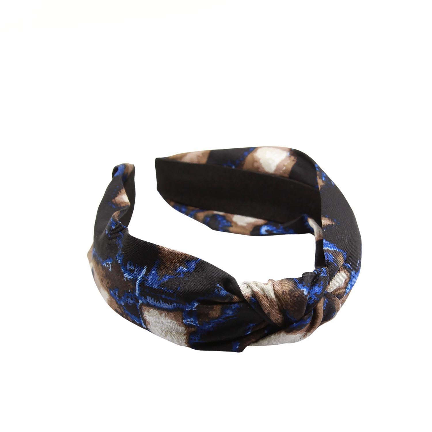 “Mosaic” Beige Brown & Blue Knot Style Silk Hairband