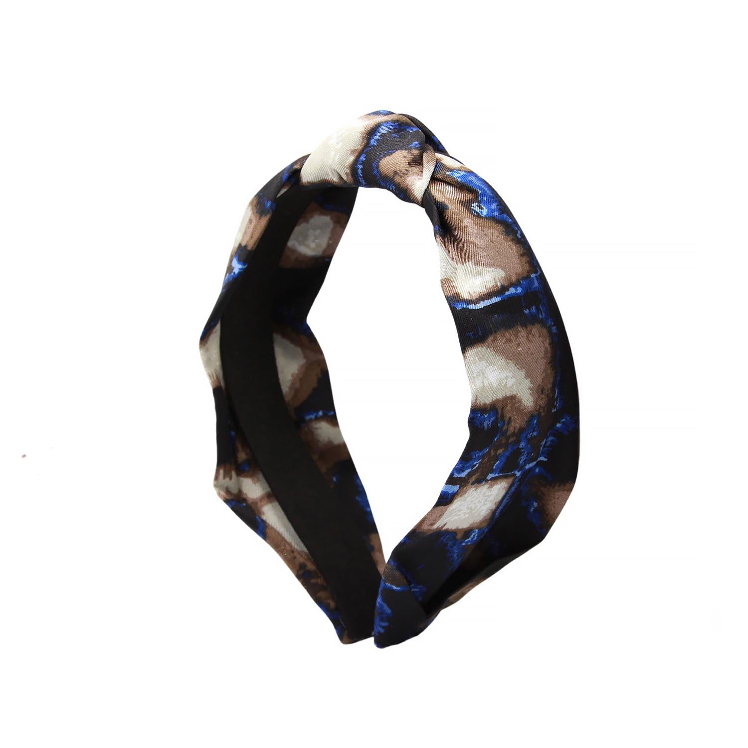 “Mosaic” Beige Brown & Blue Knot Style Silk Hairband