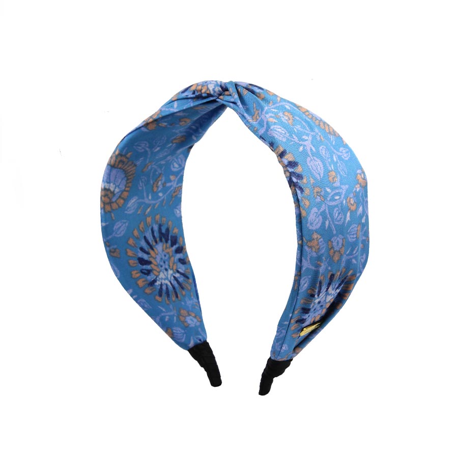 “Poppy” Sky Blue & Plant Print Silk Headband