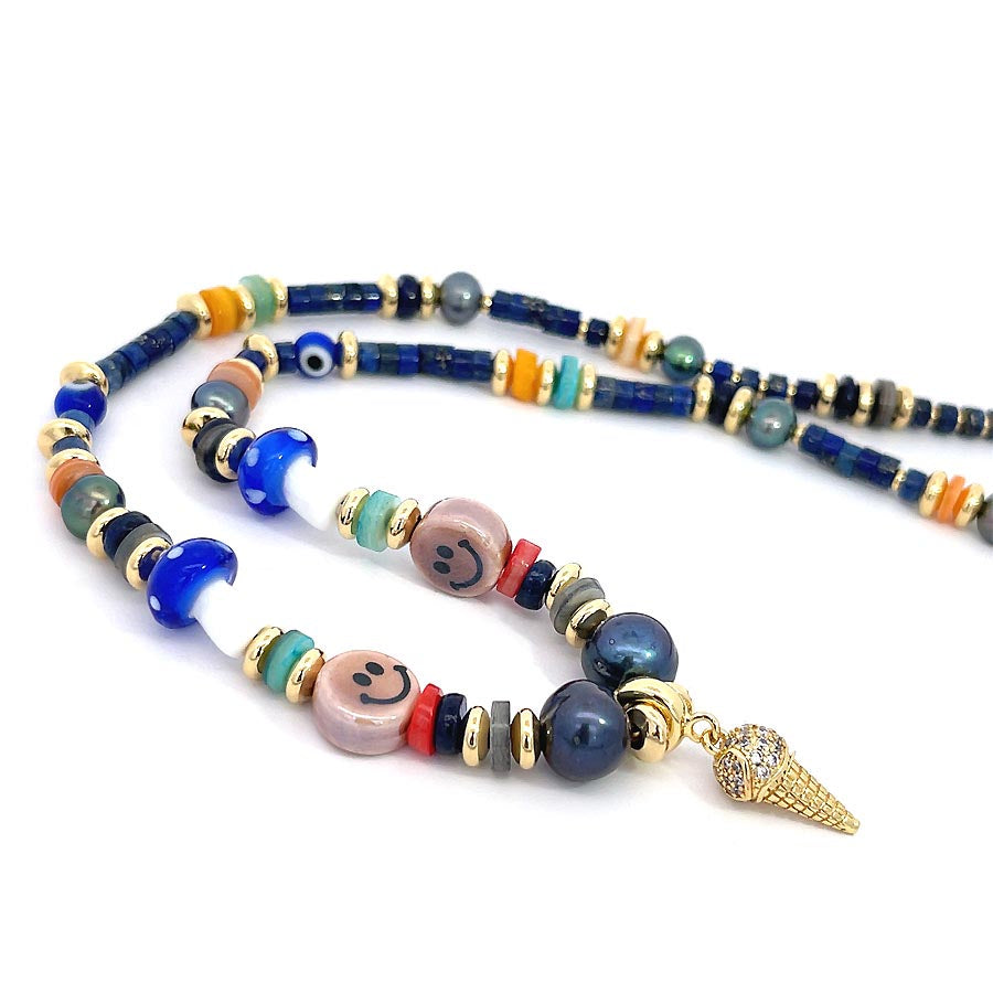 “Summer Vibe” Gemstone & Glass bead Necklace / Lapis Lazuli