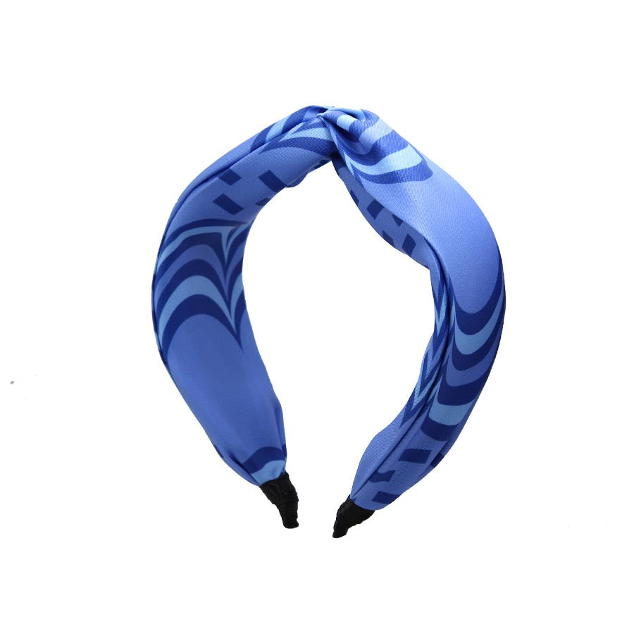 “Chroma-Blue” Blue Wavy Print Twisted Style Satin Silk Headband