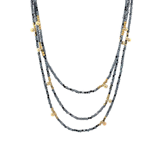 "Esther" Hematite and Round Beads Ultra Long Necklace