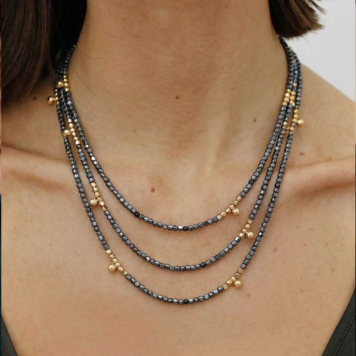 "Esther" Hematite and Round Beads Ultra Long Necklace