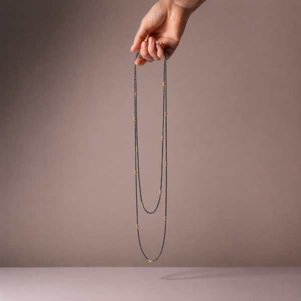 "Esther" 148cm Hematite & Round gold Beads Necklace