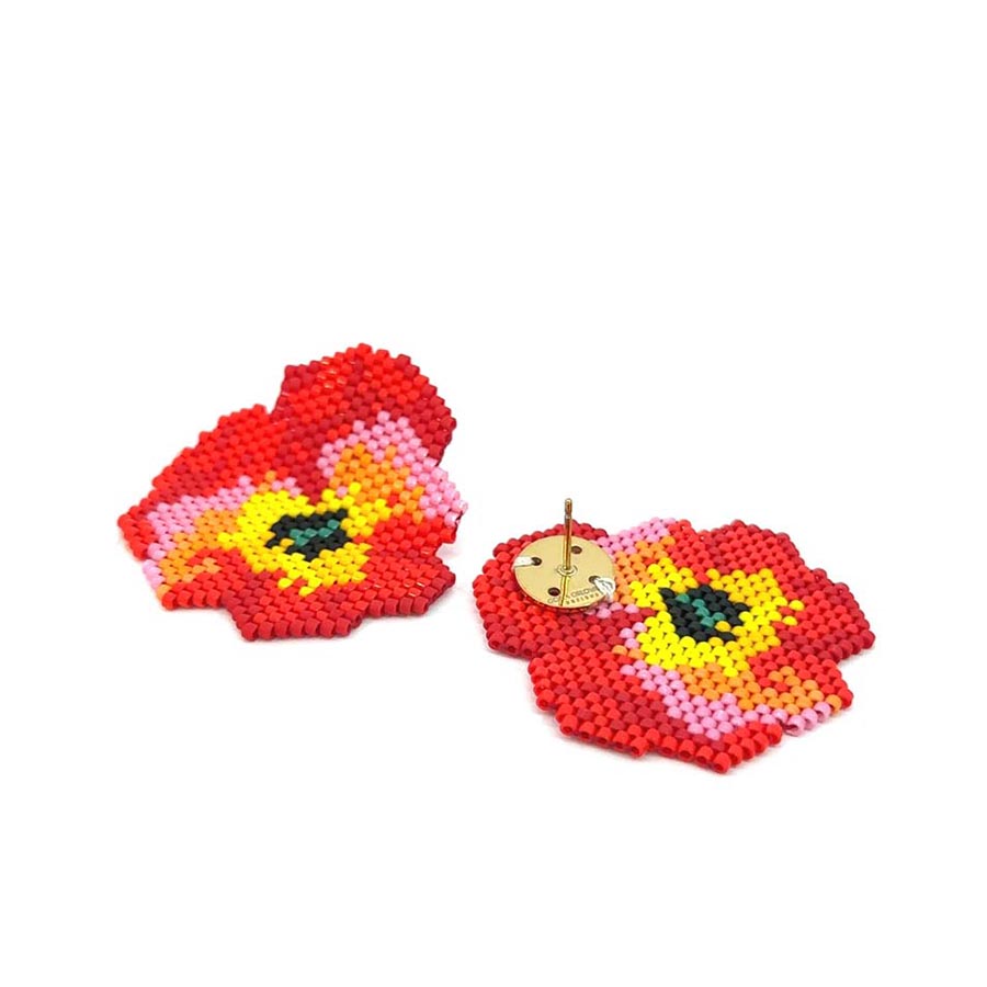 "RED VIOLA" BEADED FLOWER EARRINGS