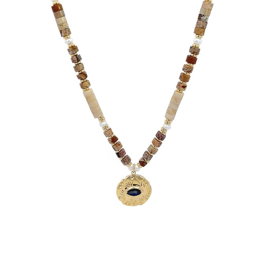 “Naomi” Gemstone Necklace with Golden Evil Eye / Picture Jasper