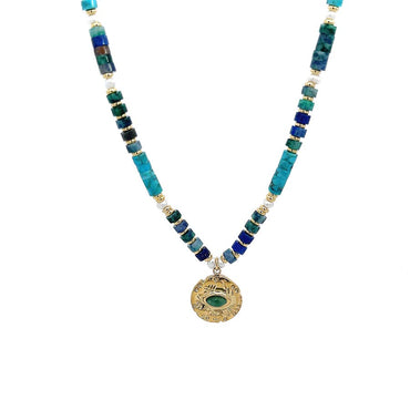 “Naomi” Gemstone Necklace with Golden Evil Eye / Turquoise