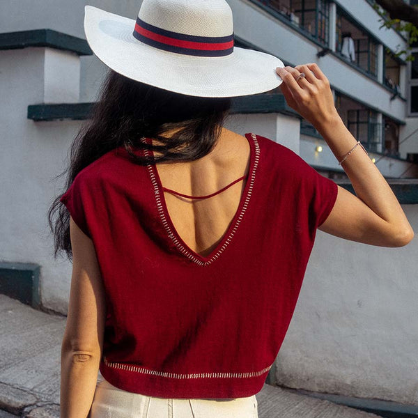 " LARA " V- Neck Knit Crop Top - Pinot Noir