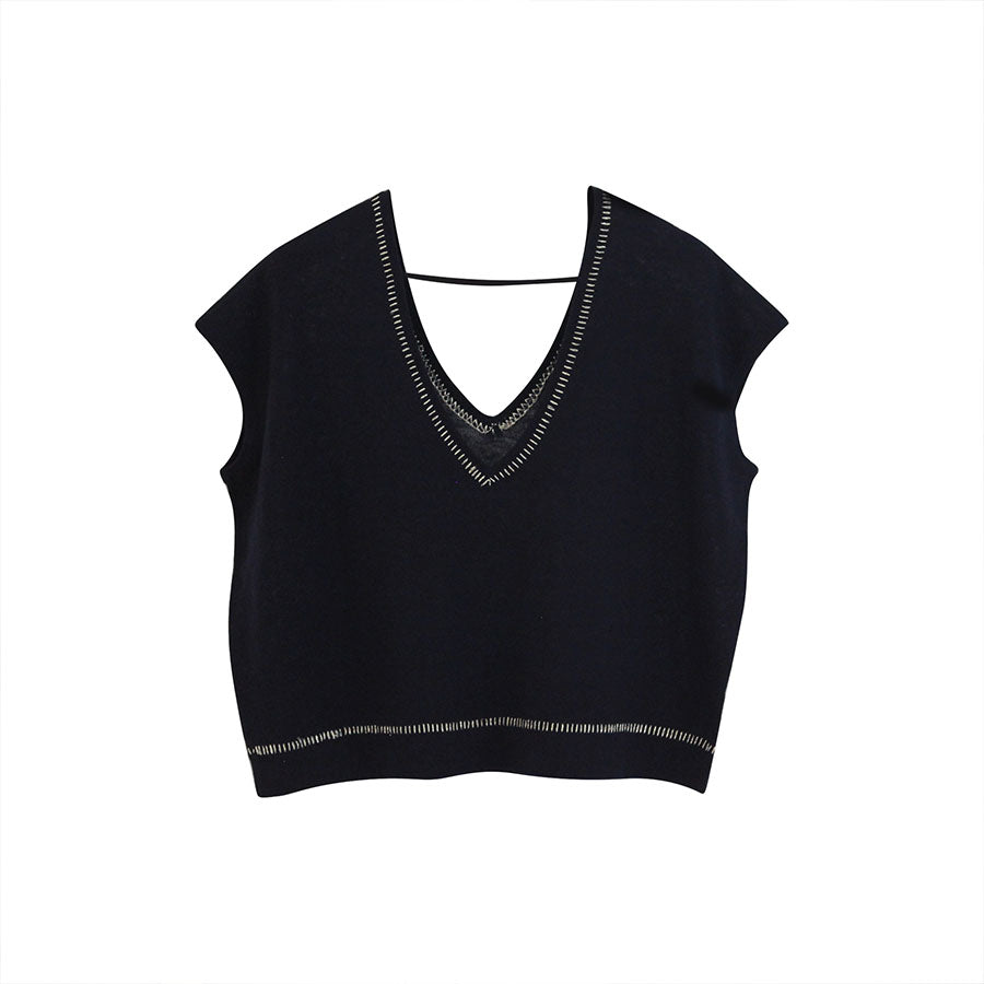 “ LARA “ V- Neck Knit Crop Top - Navy Blue